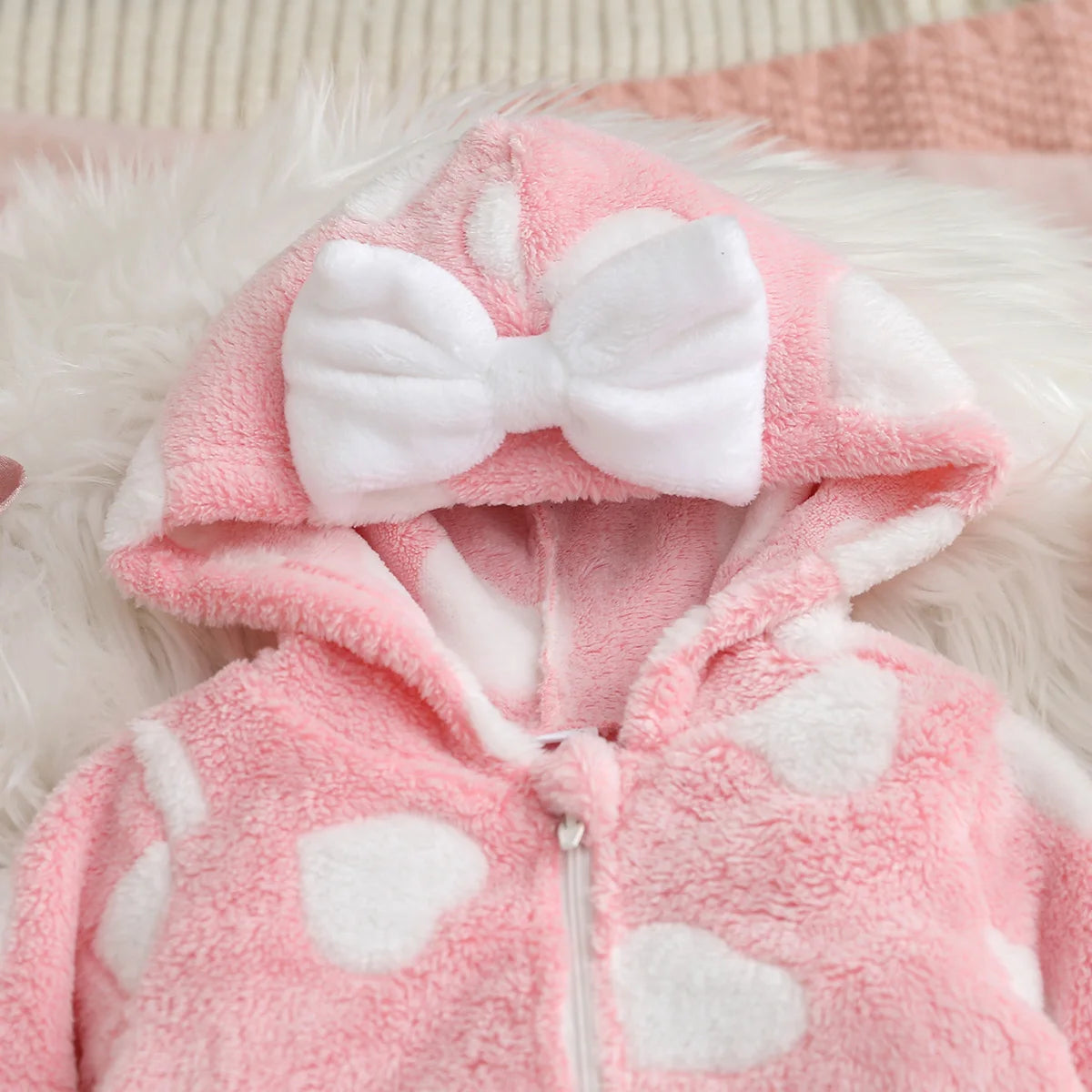 Girls Winter Plush Zipper Hooded Romper Suit | Soft and Cozy Baby Clothes