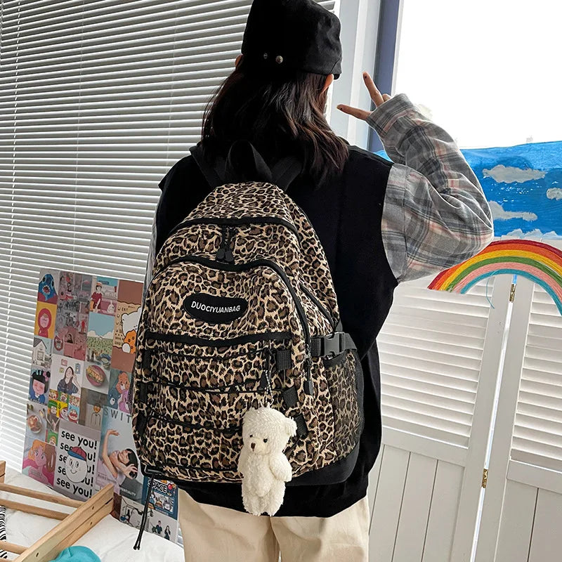 Vintage Leopard Print Backpack, Large Capacity School Bookbag with Side Mesh Pouch, for Students Travel Outdoor Streetwear