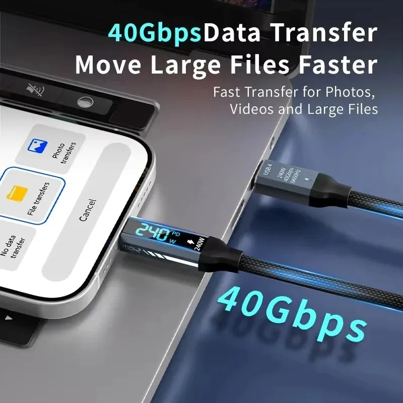 USB4 Cable with Real-Time LED Power Display 240W PD3.1 Fast Charging 40Gbps Data Transfer 8K@60Hz Video USB C to C Braided Cord