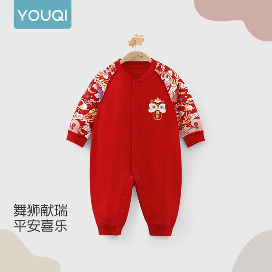 【Youqi】Chinese Baby Romper Autumn Style Full-Month Baby Red New Year Pure Cotton Jumpsuit Festive Hundred-Day Birthday Outfit