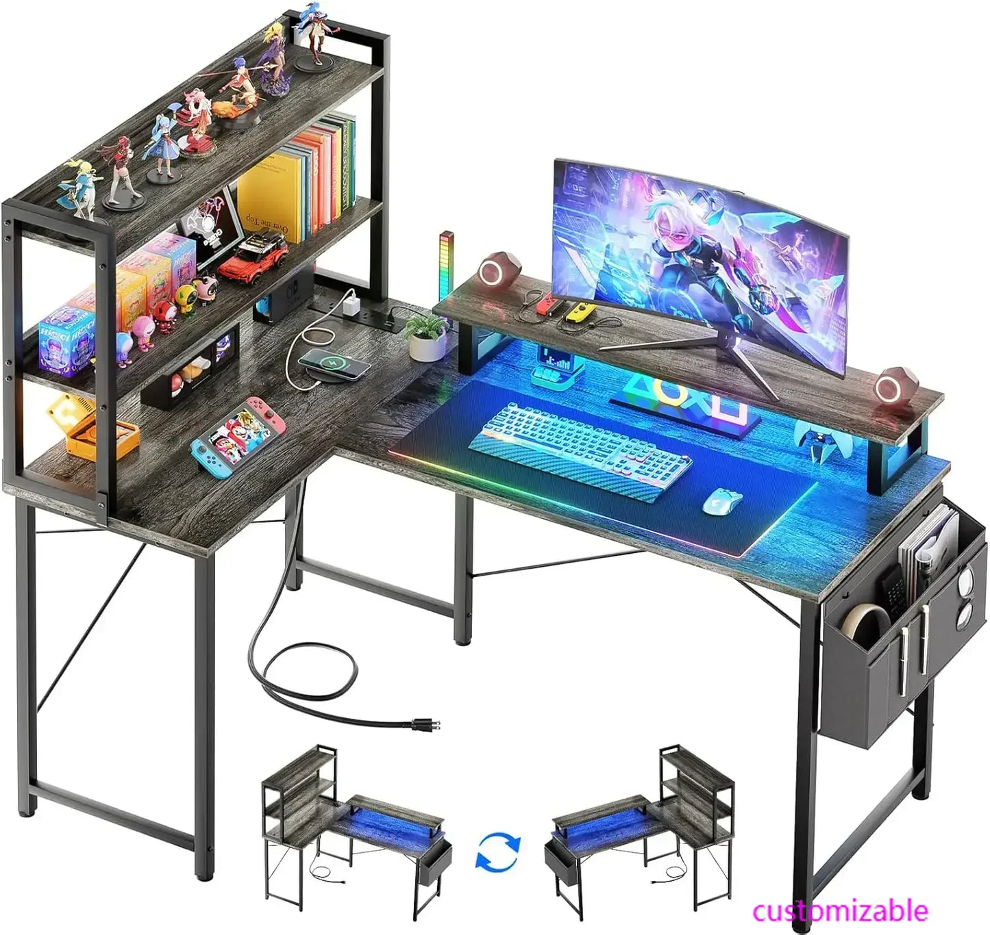 L Shaped Computer Desk with Bookshelf & LED Light | Modern Home Office