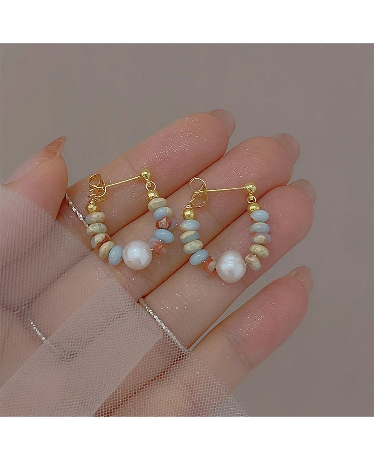 Elegant Natural Stone Beaded Pearl Pendant Earrings for Women