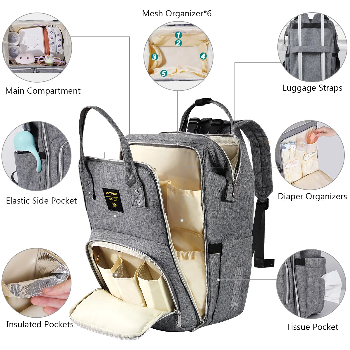 Mochila pañalera multifuncional elegante | Bolso de gran capacidad para bebé