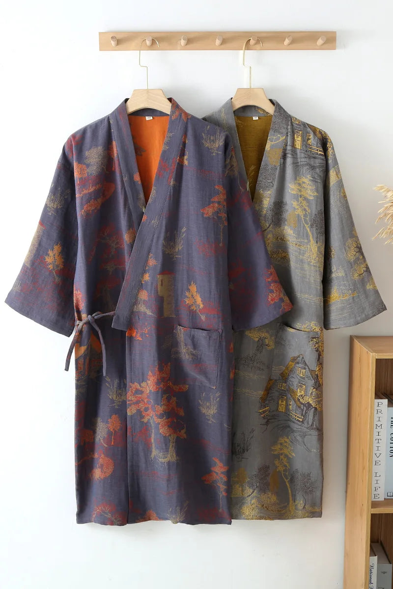 Roomwear Cotton Kimono Pajamas Men's Robes for Spring Jacquard Printed Home Clothing Medium Length Oversized Breathable Bathrobe