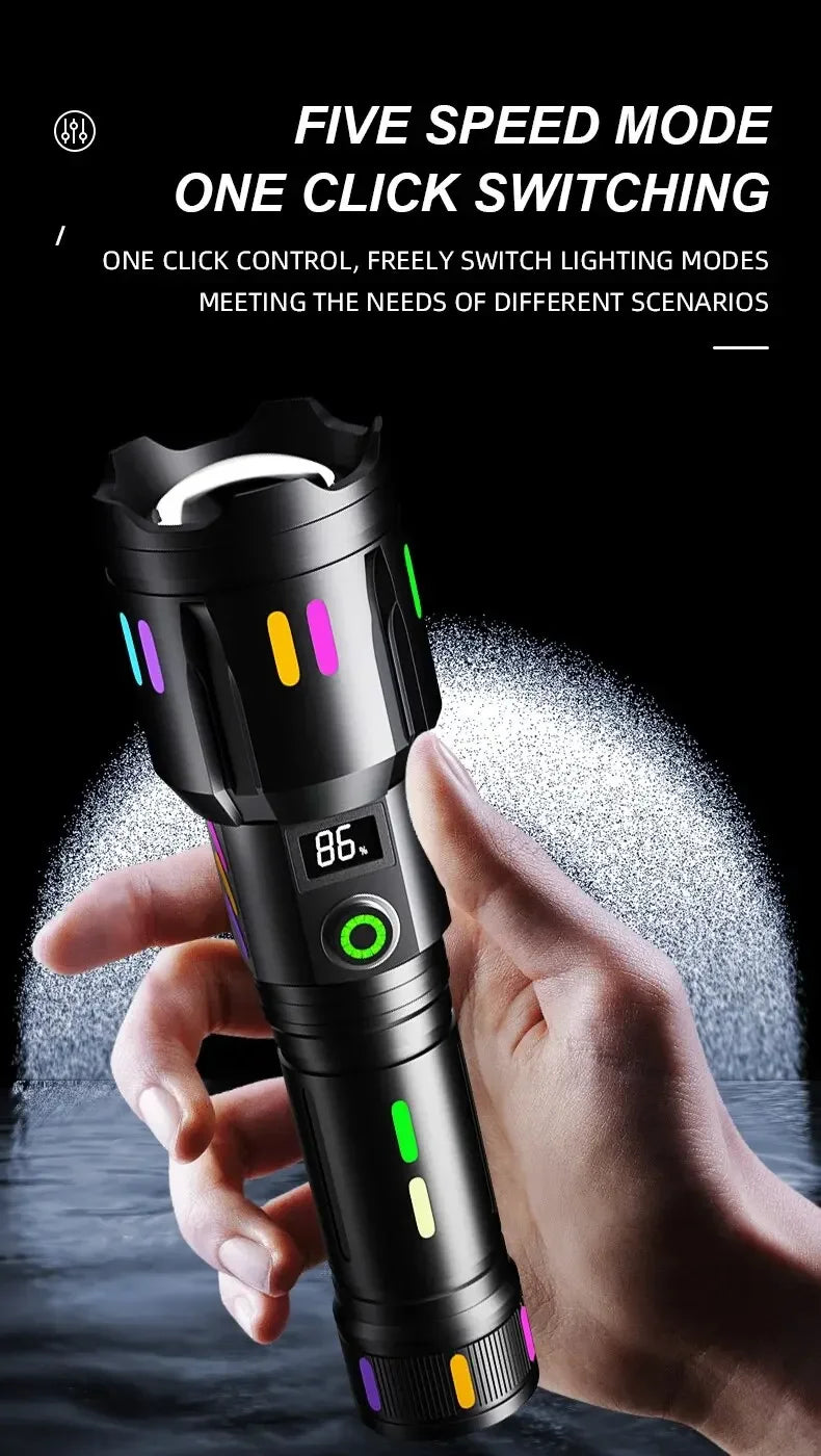 High Power Long Range LED Flashlight | Zoom & Colorful Light