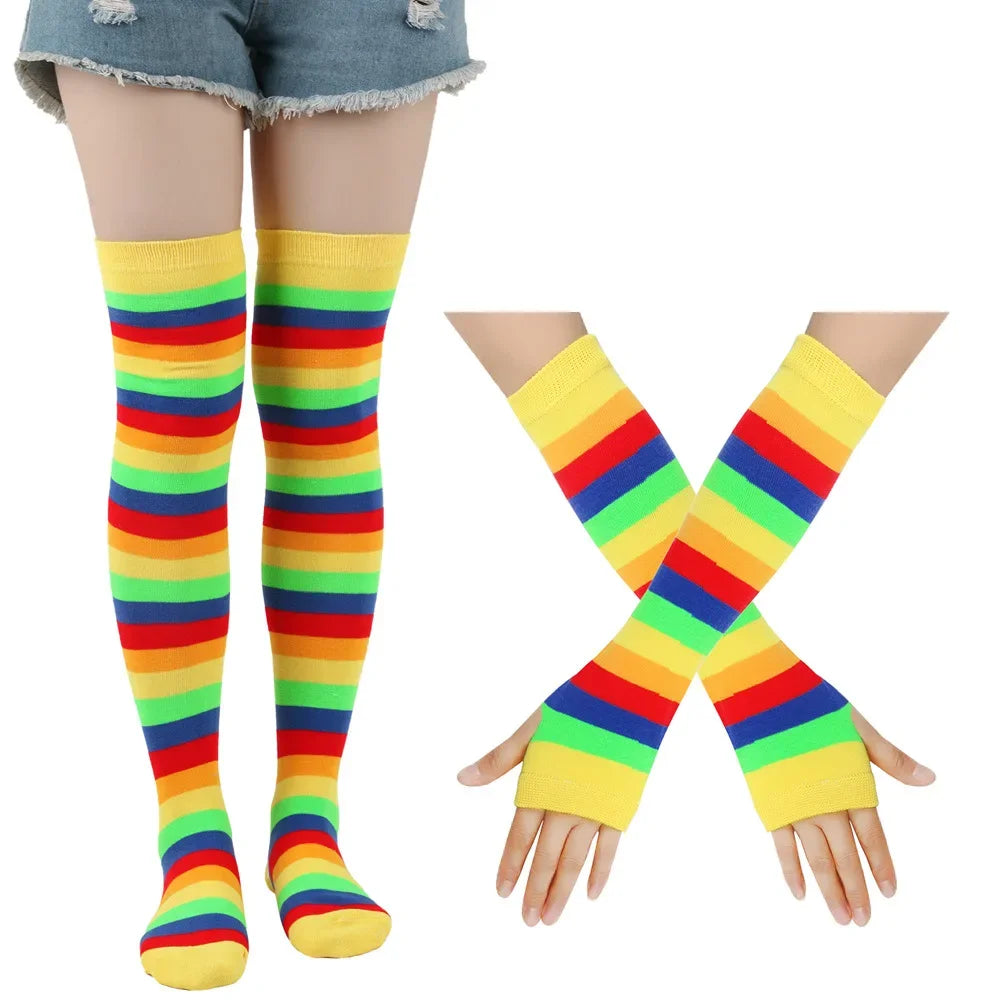Women’s Rainbow Stripes Over Knee Socks & Elbow Gloves Set