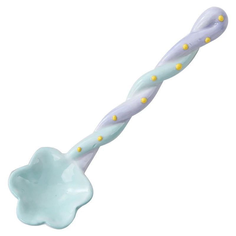 Cute Ceramic Long Handle Spoon for Dessert & Kitchen Use