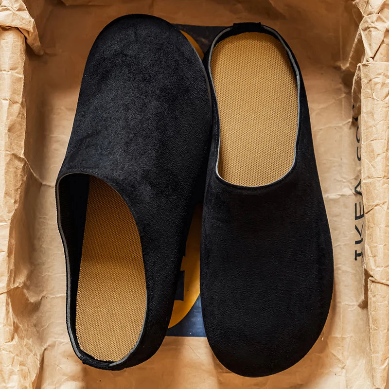 New Men's Slippers New Retro Solid Color Flat Bottom Women's Slingback Shoes Closed Toe Round Toe Suede Clogs Sandals Autumn