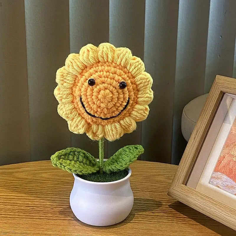 Hand Woven Potted Flower Decoration | Knitted Sunflower Bouquet