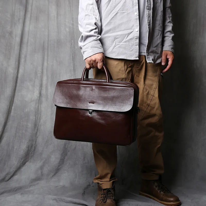 Maletín de cuero genuino vintage para hombre | Bolso para portátil de gran capacidad