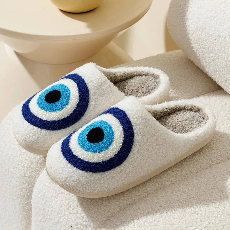 Women's Blue Evil Eye Plush Slippers | Cozy Indoor Nazar Shoes