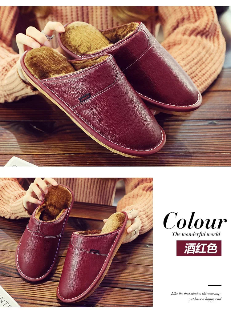 Couples Leather Plush Winter Slippers | Cozy Waterproof Shoes