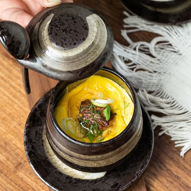 Japanese Retro Ceramic Stew Pot with Lid & Spoon Set | Multifunctional Soup Cup