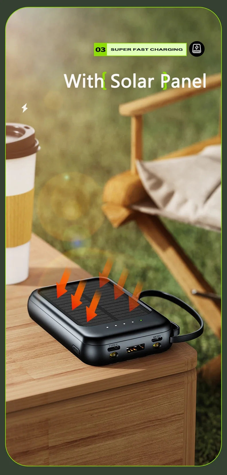 50000mAh Mini Solar Power Bank | Portable Charger with Cables