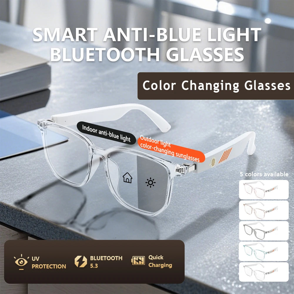 Smart Bluetooth Audio Glasses — Color-Changing Blue-Light Lenses, Touch Control, HD Calls, Hi-Fi Stereo Sound, Bluetooth 5.3 Smart Eyewear