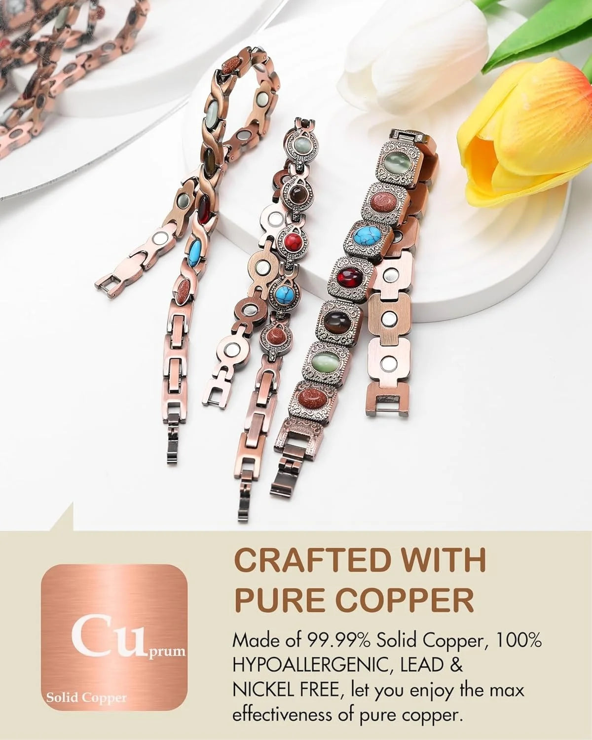Adjustable Pure Copper Magnetic Bracelet with Natural Stones