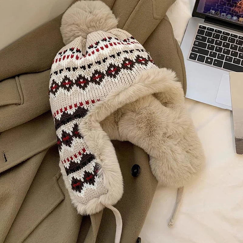 Women's Warm Knitted Fluffy Trapper Hat | Cozy Earflap Beanie