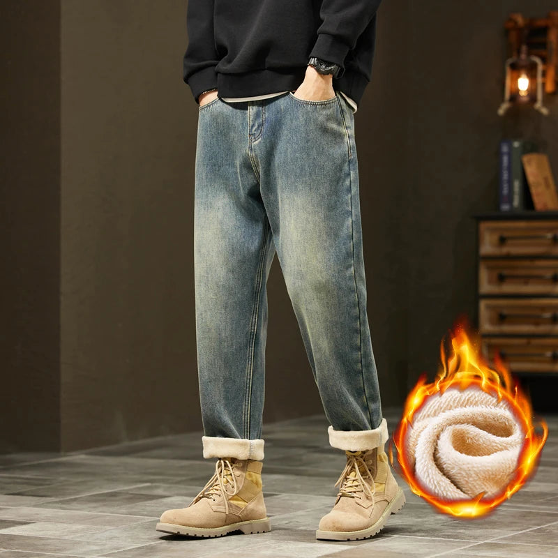 Men's Retro Loose Winter Fleece Jeans | Warm Plush Velvet Pants