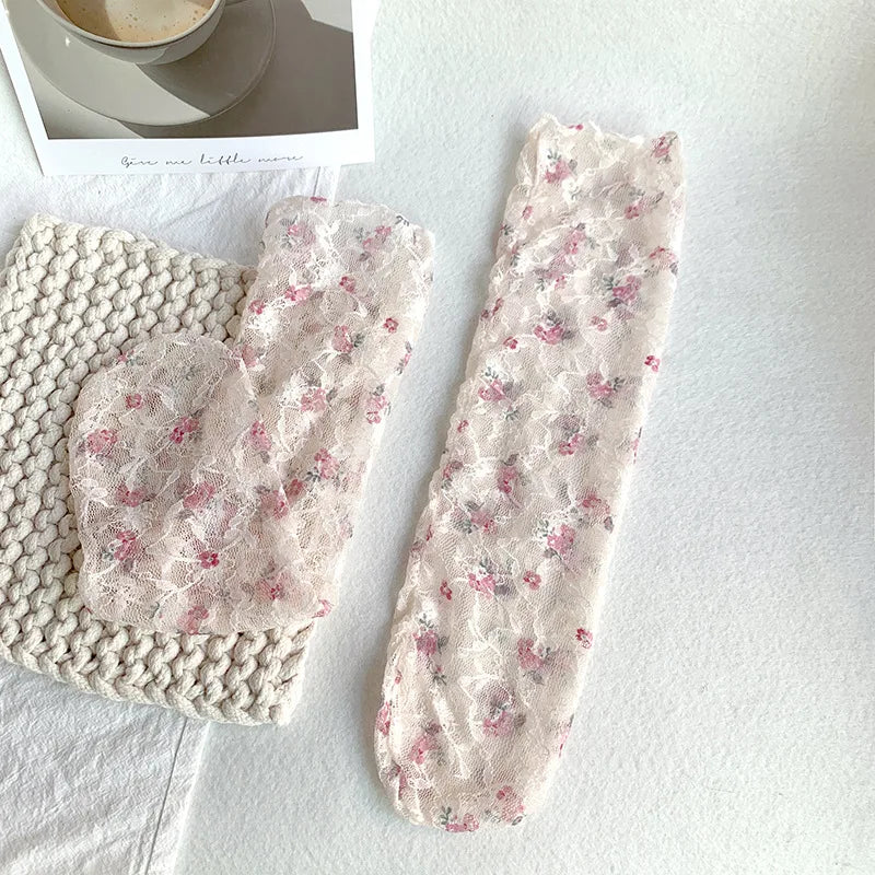 Stylish Korean Lace Flower Long Socks for Women | Breathable Comfort