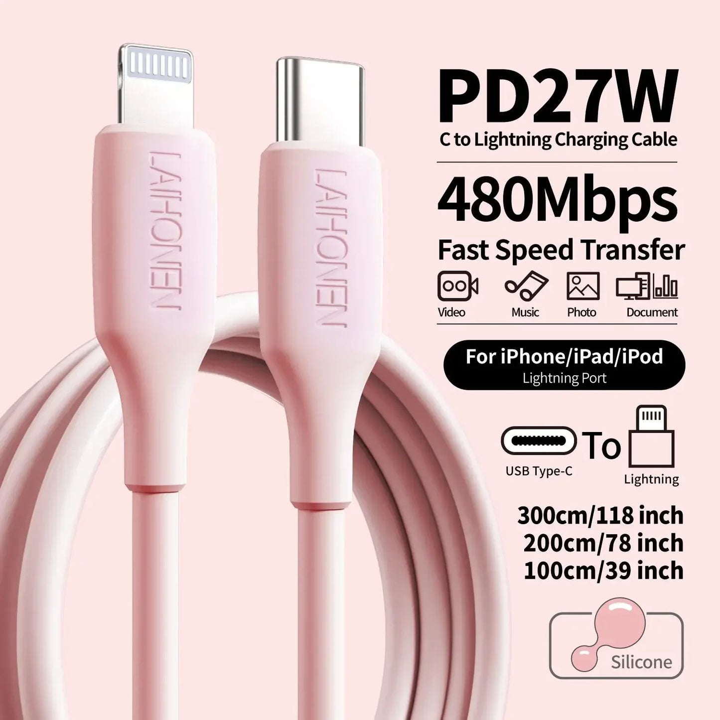 27W Fast Charging USB-C to Lightning Cable | Soft Silicone Pink Accessory