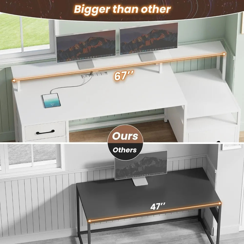 Stylish Computer Desk with 5 Drawers and Power Outlet | Home Office