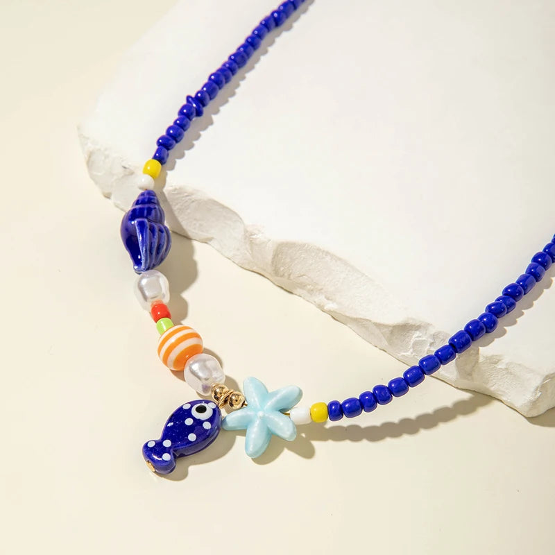 Y2K Boho Acrylic Ceramic Fish Starfish Mushroom Pendant Colorful Bead Choker Necklace For Women Beach Ocean Jewelry Accessories