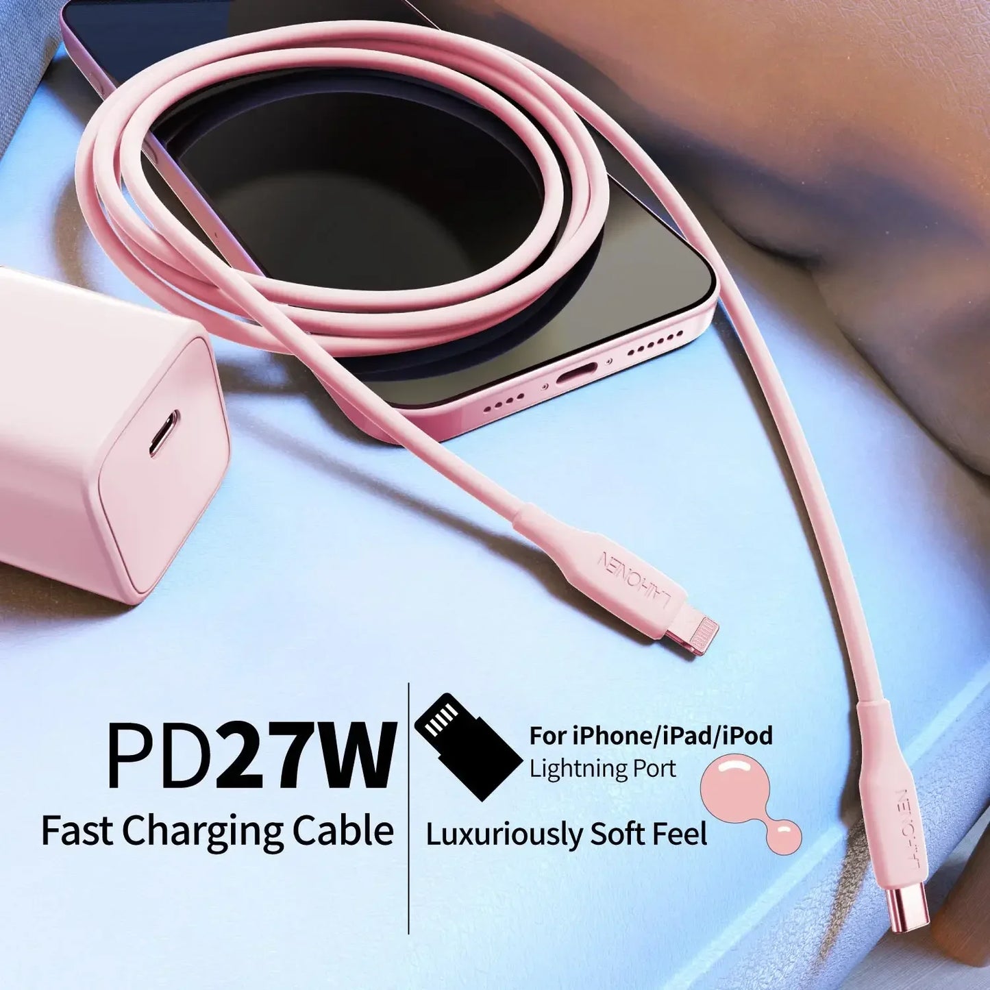 27W Fast Charging USB-C to Lightning Cable | Soft Silicone Pink Accessory