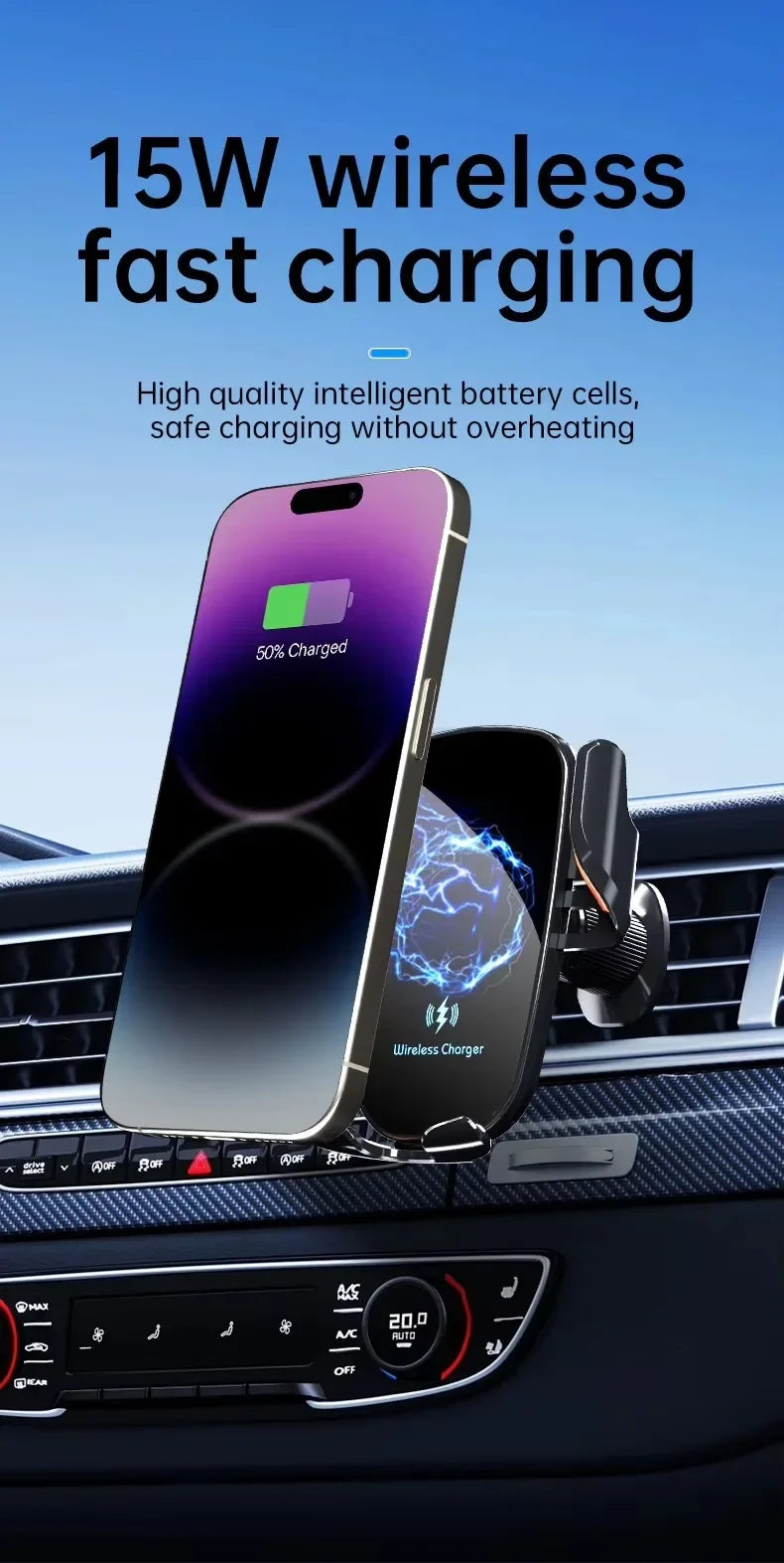 Wireless Car Charger with Fast Charge & Clamping Holder