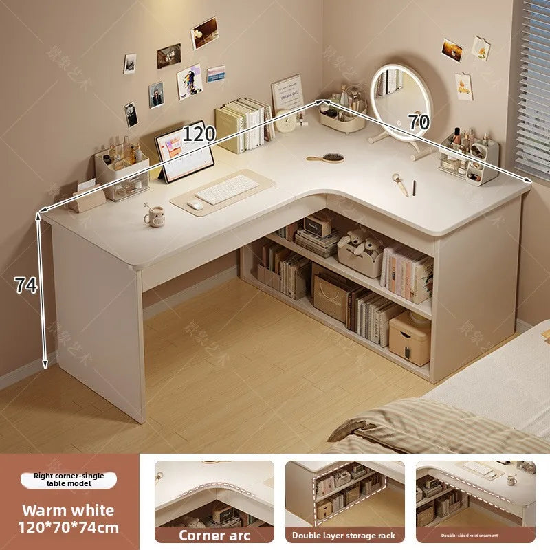 Integrated Corner Workbench & Bookshelf | Modern White Computer Desk