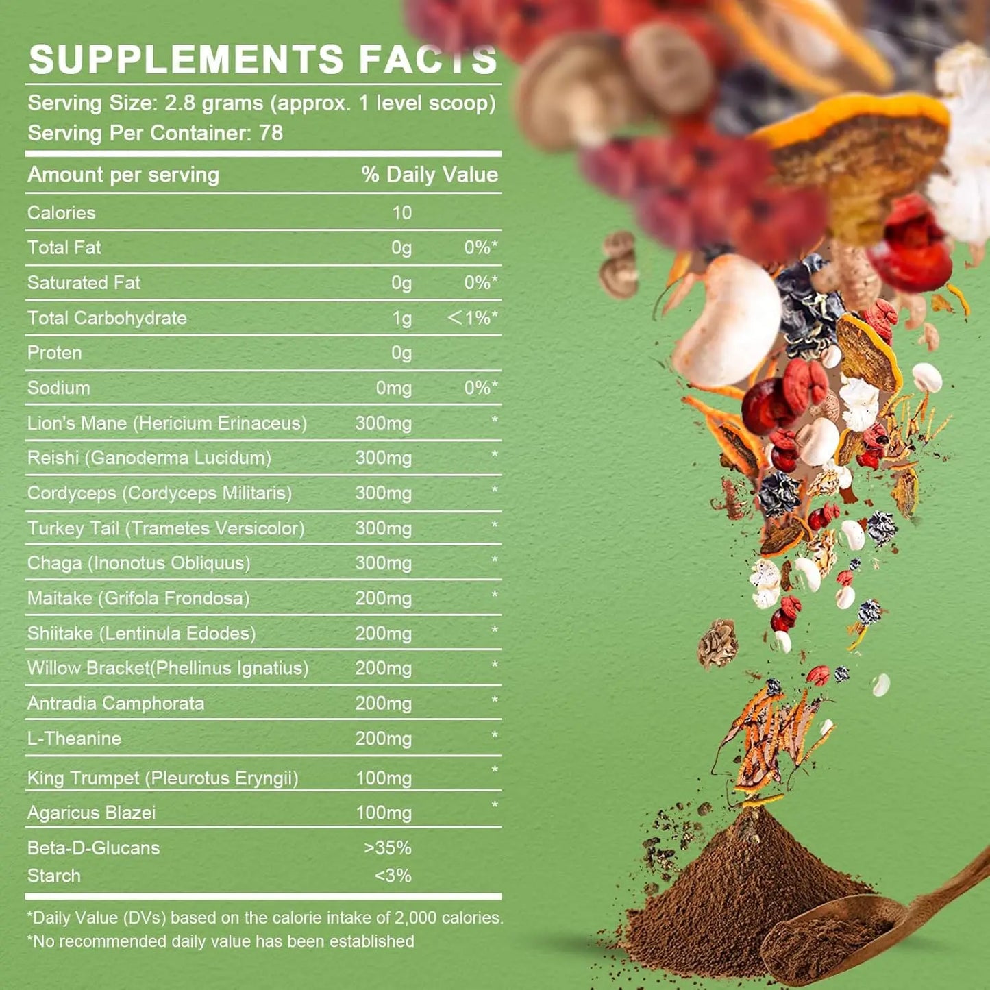 GREENPEOPLE 10-in-1 Mushrooms Lions Mane Supplement  Powder with Reishi Complex for Cognitive Function & Immune Support