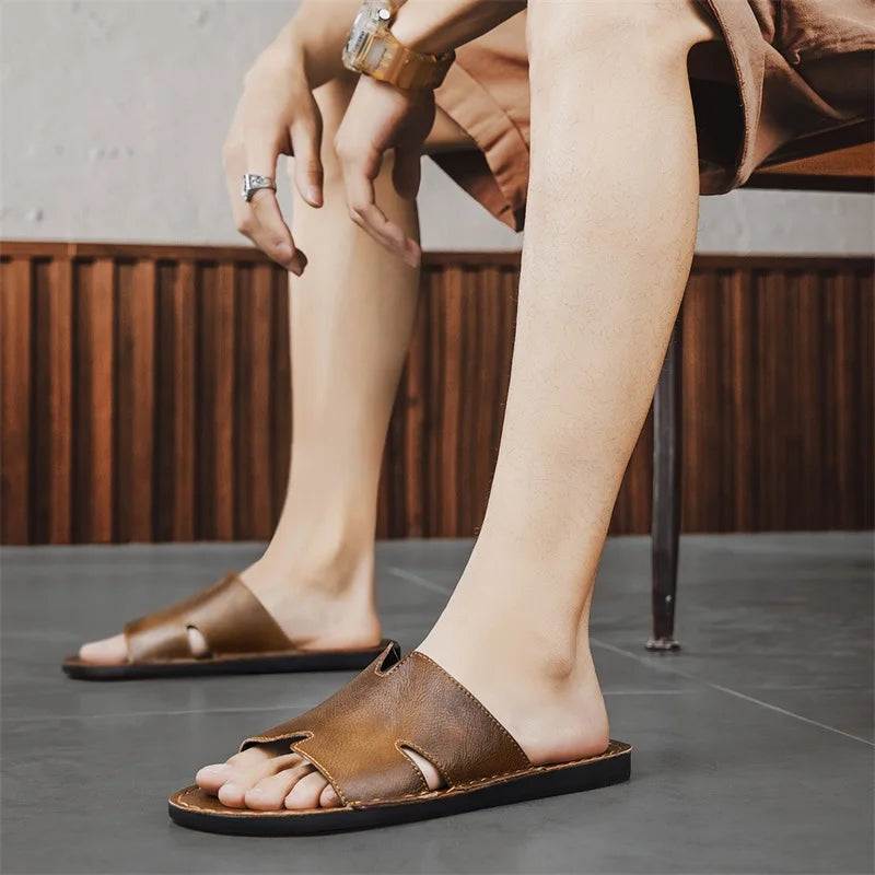 Men's Luxury Leather Slippers | Non-Slip Casual Wear for Summer