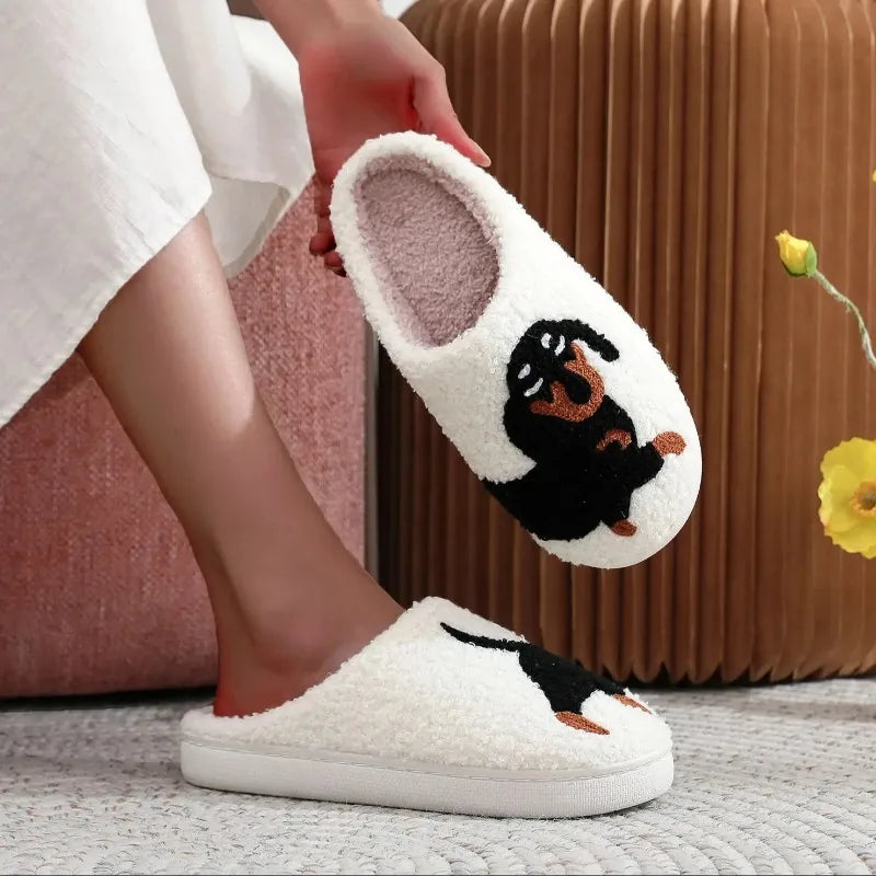 Dachshund Embroidered Plush Slippers | Cozy Winter Indoor Shoes