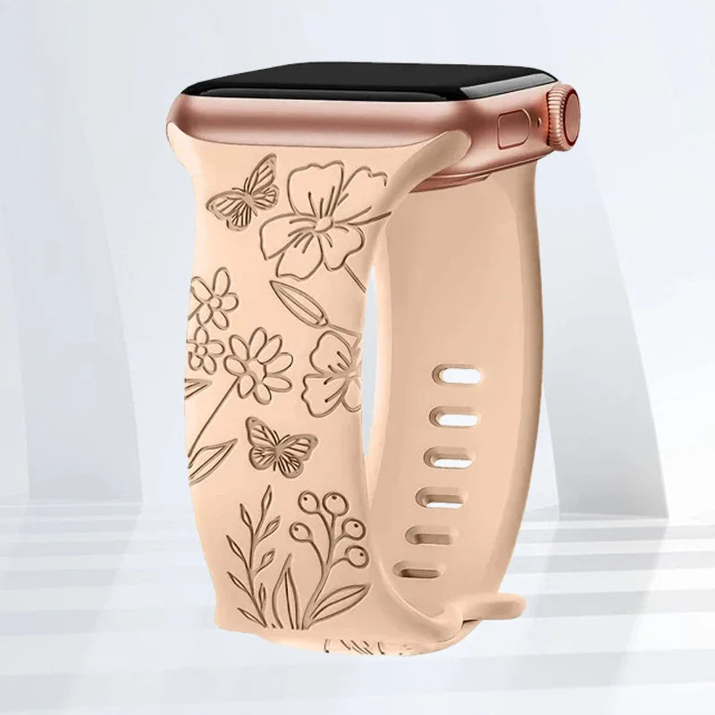 Floral Engraved Silicone Strap | Elegant Replacement Band for Apple Watch