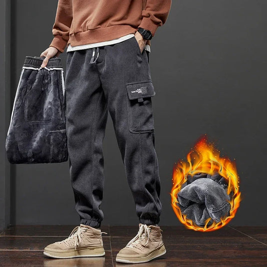 Winter Fleece Corduroy Cargo Harem Pants Men Soft Thickened Warm Elastic Loose Street Jogging Sports Trousers