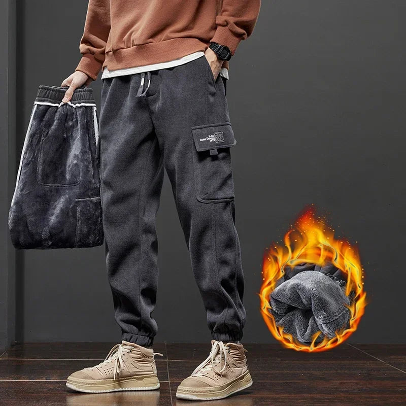 2024 Winter Fleece Corduroy Cargo Harem Pants Men Soft Thickened Warm Elastic Loose Street Jogging Sports Trousers