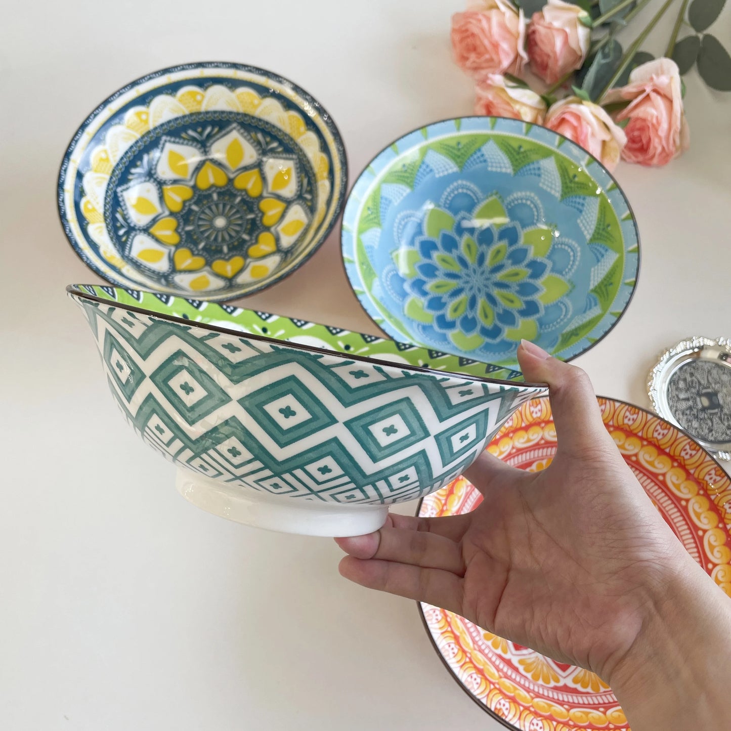 8-Inch Bohemian Ceramic Soup Bowl Set | Dishwasher & Microwave Safe