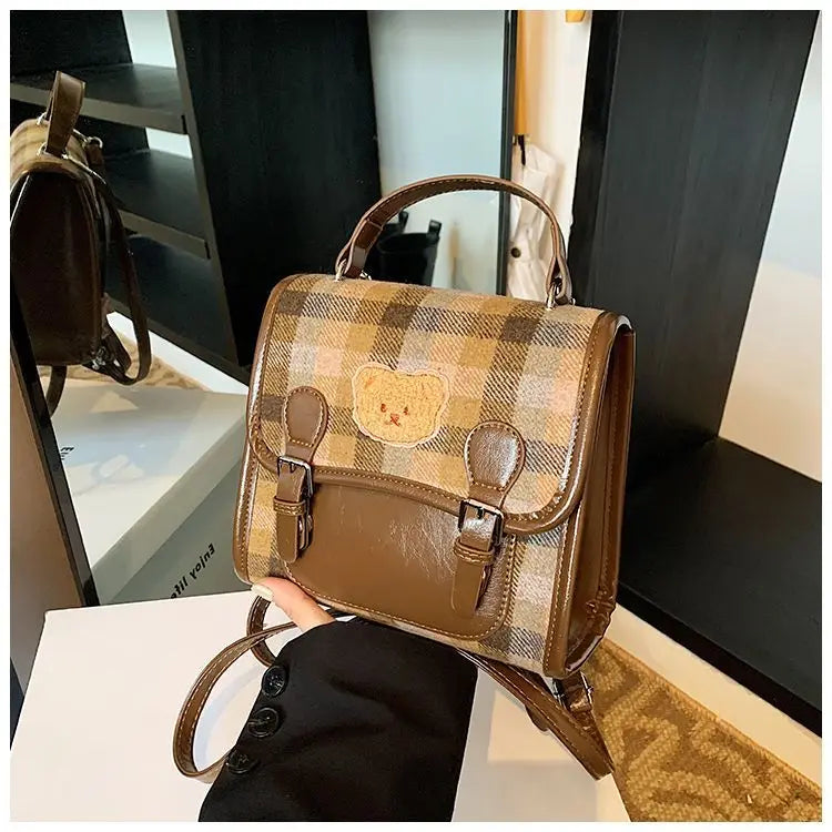 Cute Bear Backpack for Women | Vintage Plaid Student Bag