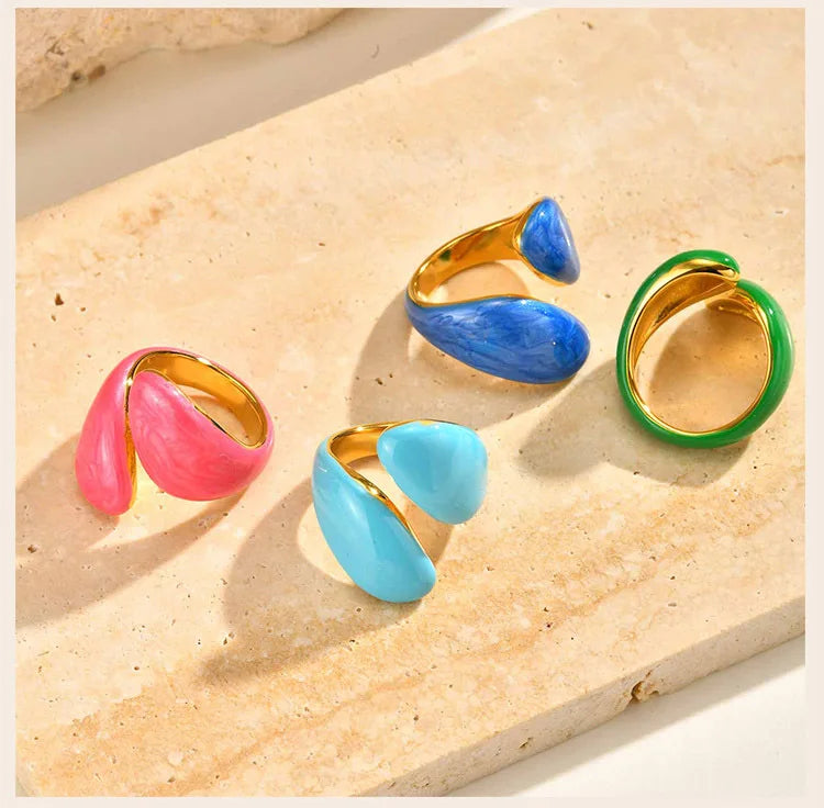 Chunky Open Twist Stackable Rings for Women, Blue Geometric Bold Enamel Crossover Statement Ring Band Waterproof