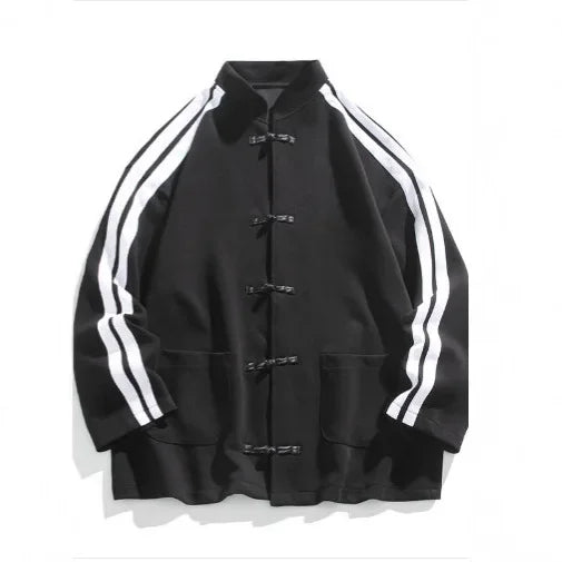 Loose Casual Men’s Patchwork Stand Collar Vintage Chinese Style Jacket Button Up Retro Coat Large Size Couples Clothing