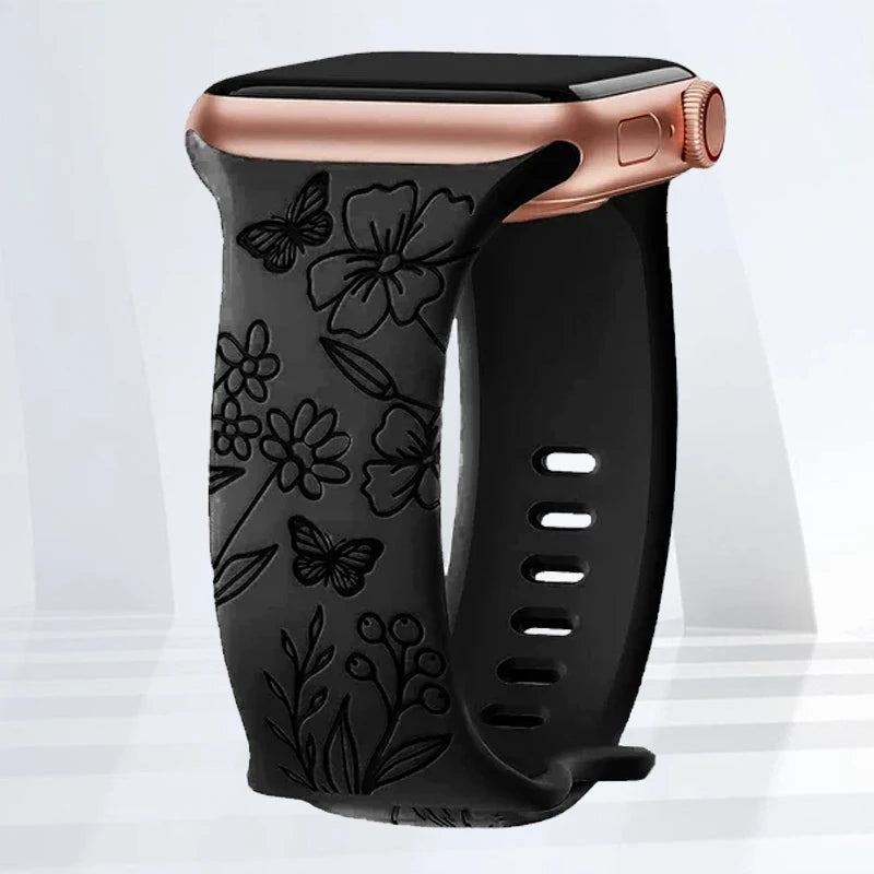 Floral Engraved Silicone Strap | Elegant Replacement Band for Apple Watch