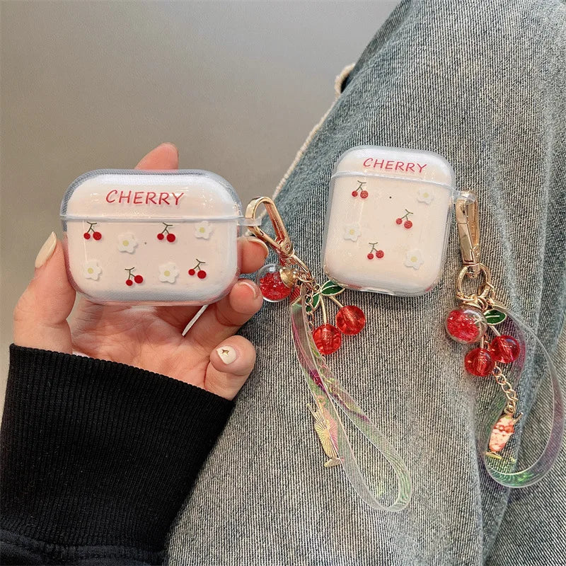 Funda de silicona transparente con diseño de cereza sonriente para AirPods