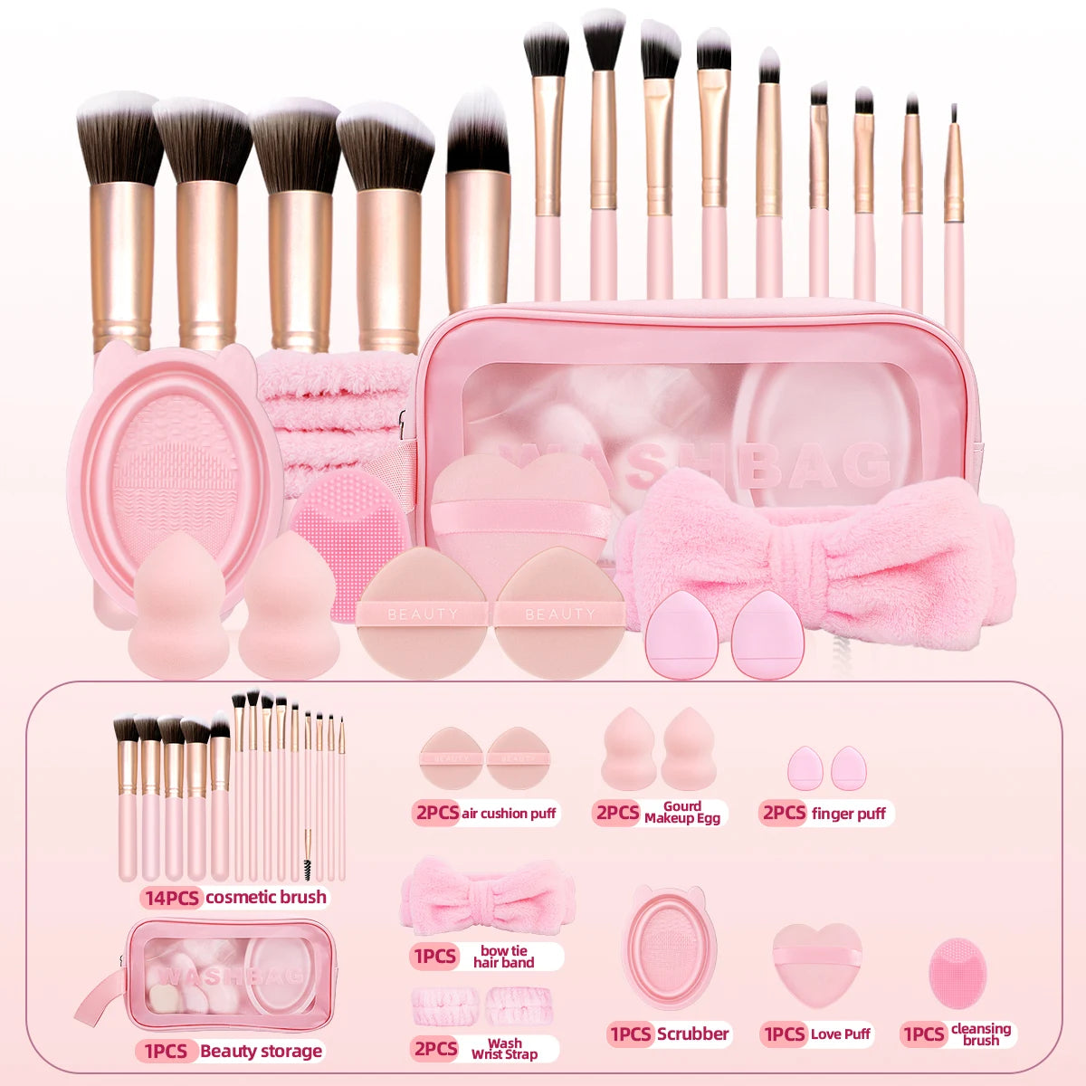 27 Piece Makeup Tool Kit – Makeup Brushes, Hairband, Wristband, Sponge Ball, Powder Puff, Silicone Cleaning Brush & Accessories – Complete Beauty Set