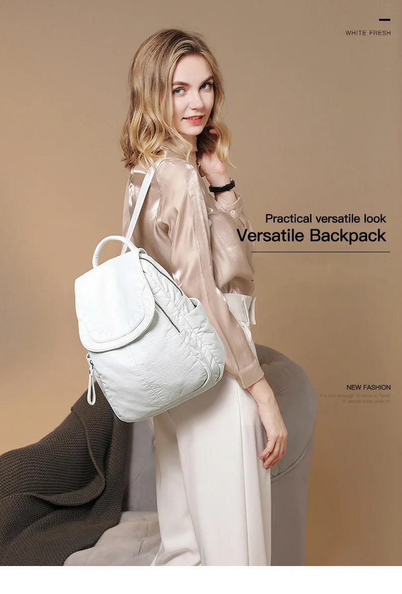 Stylish Women's White Washed Leather Backpack for Casual Travel