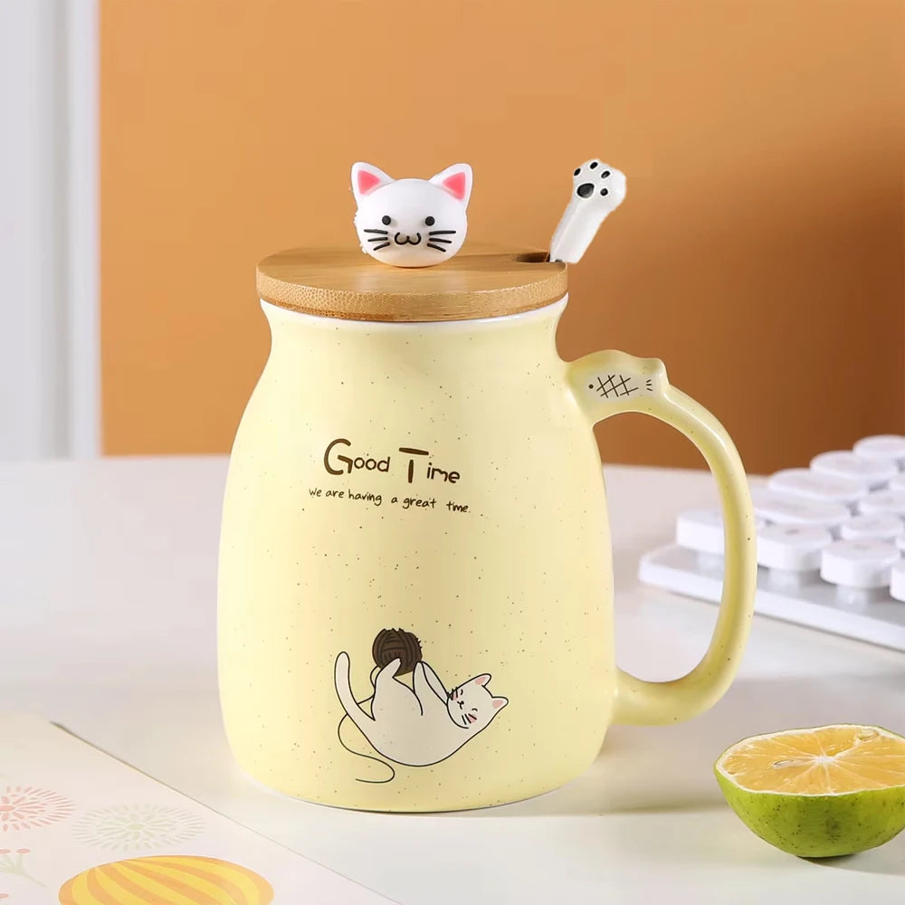 Cute Cat Water Cup | Adorable Ceramic Mug with Lid & Spoon