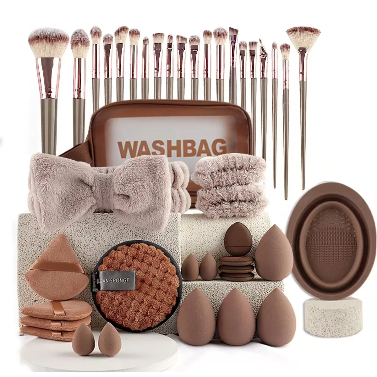 56 Piece Makeup Brush Set (Chocolate) – Full Face Cosmetics Kit with Wool Fiber Brushes, Eyeshadow Blending Brushes & Beauty Sponges