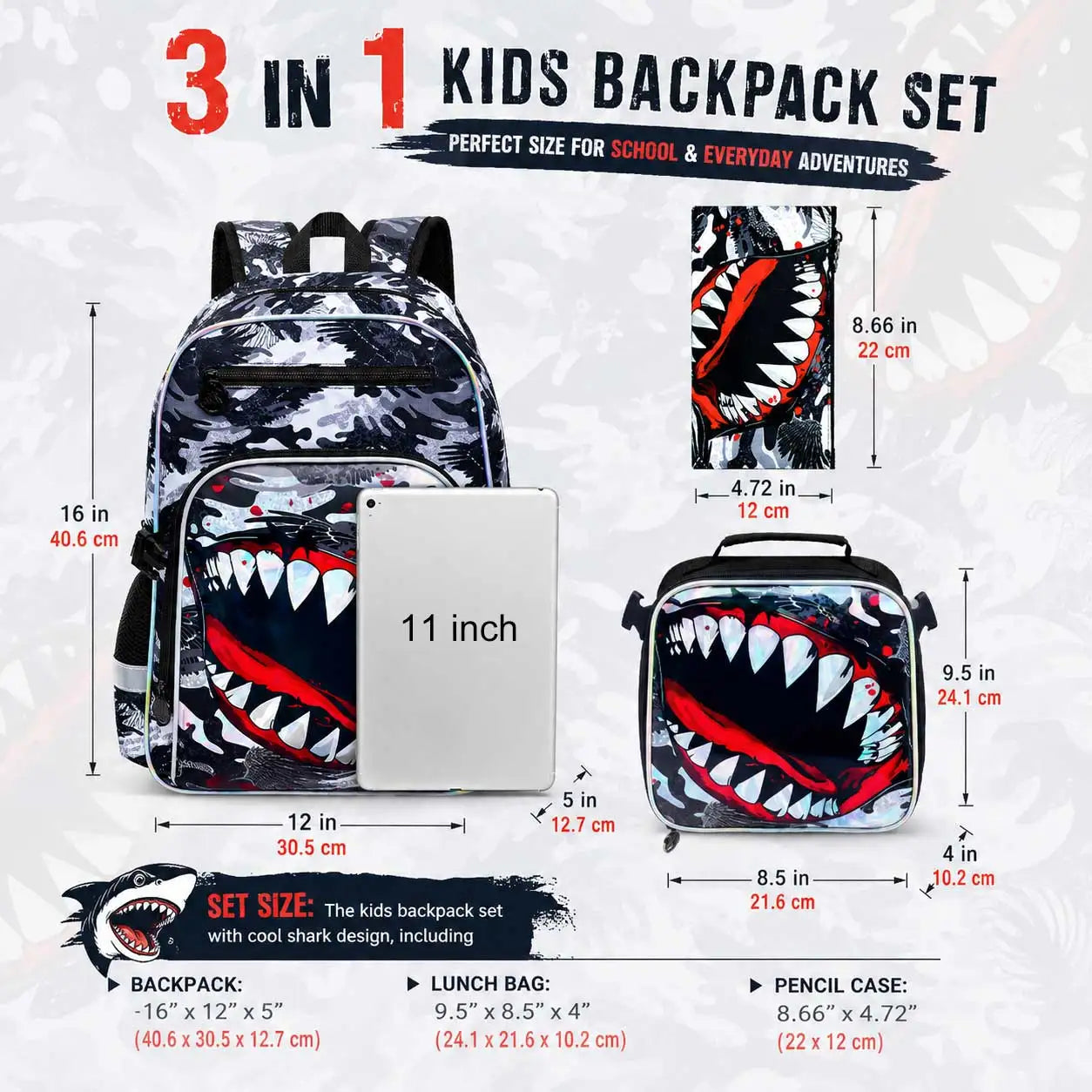 3pcs Boys Camo Shark Mouth School Backpack Set | Versatile Kids Gear
