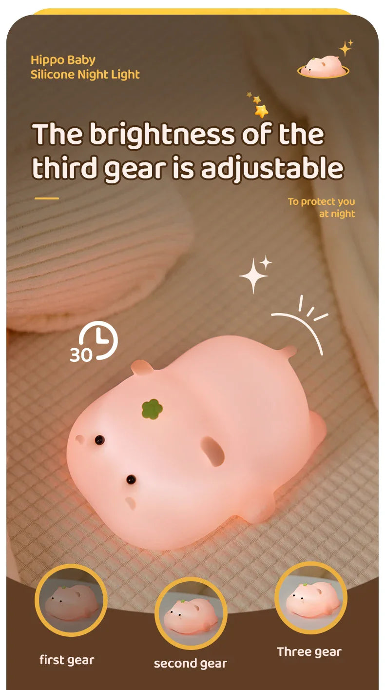 Cute Pink Hippo Night Light | Portable Silicone Kids Lamp