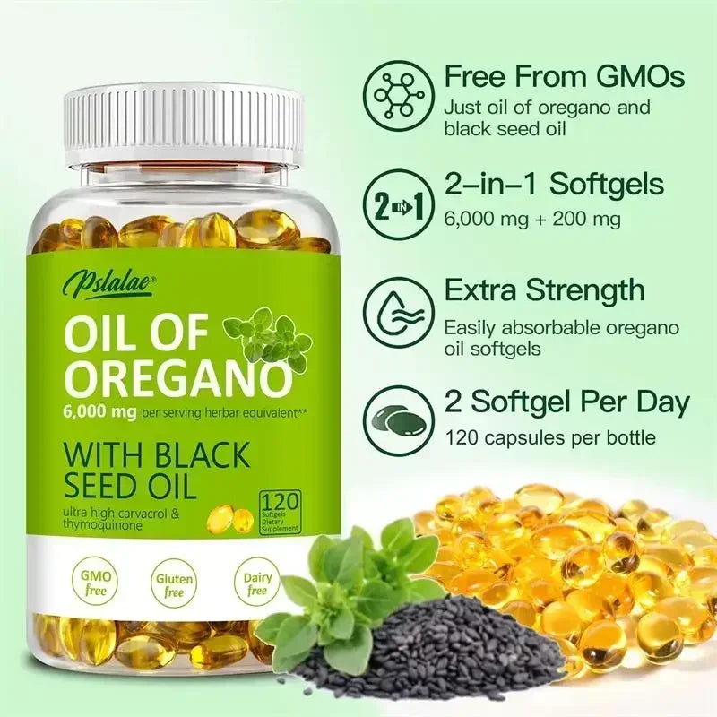 Oregano Oil Softgels with Black Seed Oil | Immune Booster & Digestive Aid
