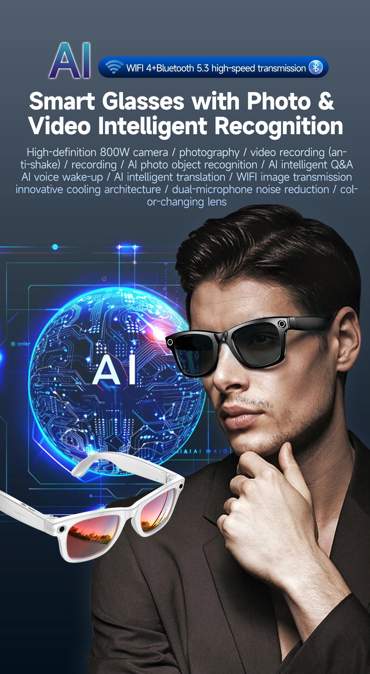 AI Smart Translation Glasses | 8MP Camera, Bluetooth & Voice Control