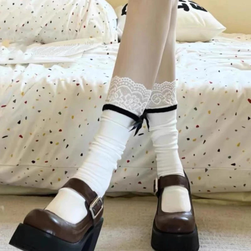 Elegant Japanese Lolita Mid-Tube Socks | Bow & Lace Design